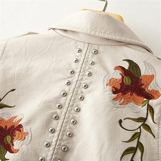 Kirsten™ | Stilfuld Bikerjakke med Blomstret Broderi