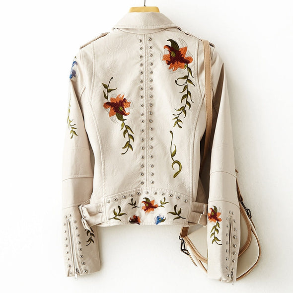 Kirsten™ | Stilfuld Bikerjakke med Blomstret Broderi